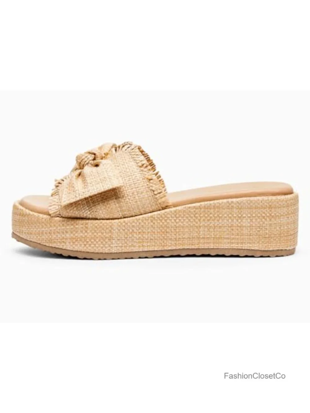 Womens Raffia Platform Wedge Sandals Bow Open Toe Slide Espadrilles